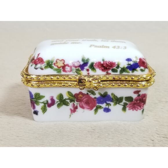 Imperial Porcelain Mini Trinket Box White Psalm 43:3 Bible Verse 2 1/2" Gold Vtg - Picture 2 of 10